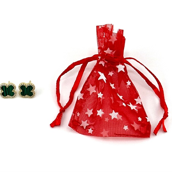 18K Gold Plated over 925 Solid Sterling Silver Clover Malachite Earrings - Picture 7 of 7